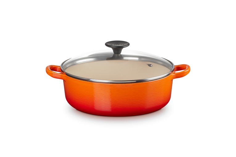Gourmet-Bräter aus Gusseisen mit Glasdeckel und Phenol Deckelknopf