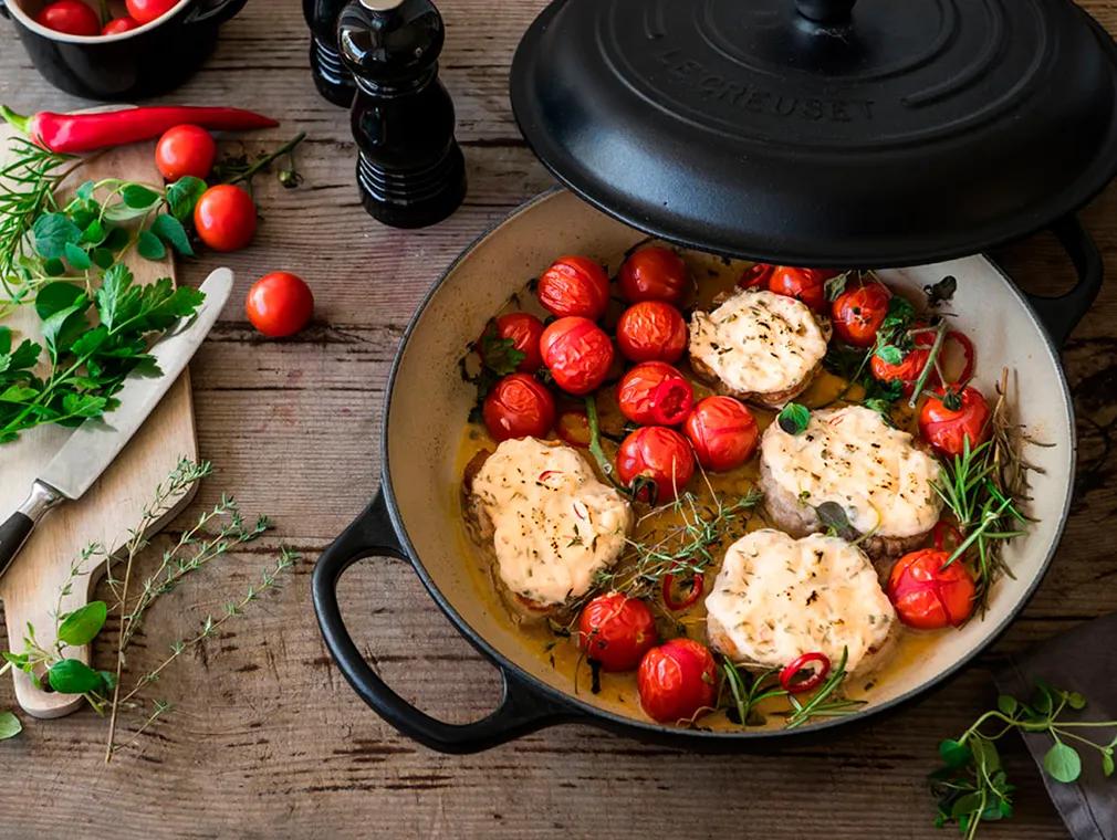 Überbackene Schweinemedaillons mit Ziegenkäse