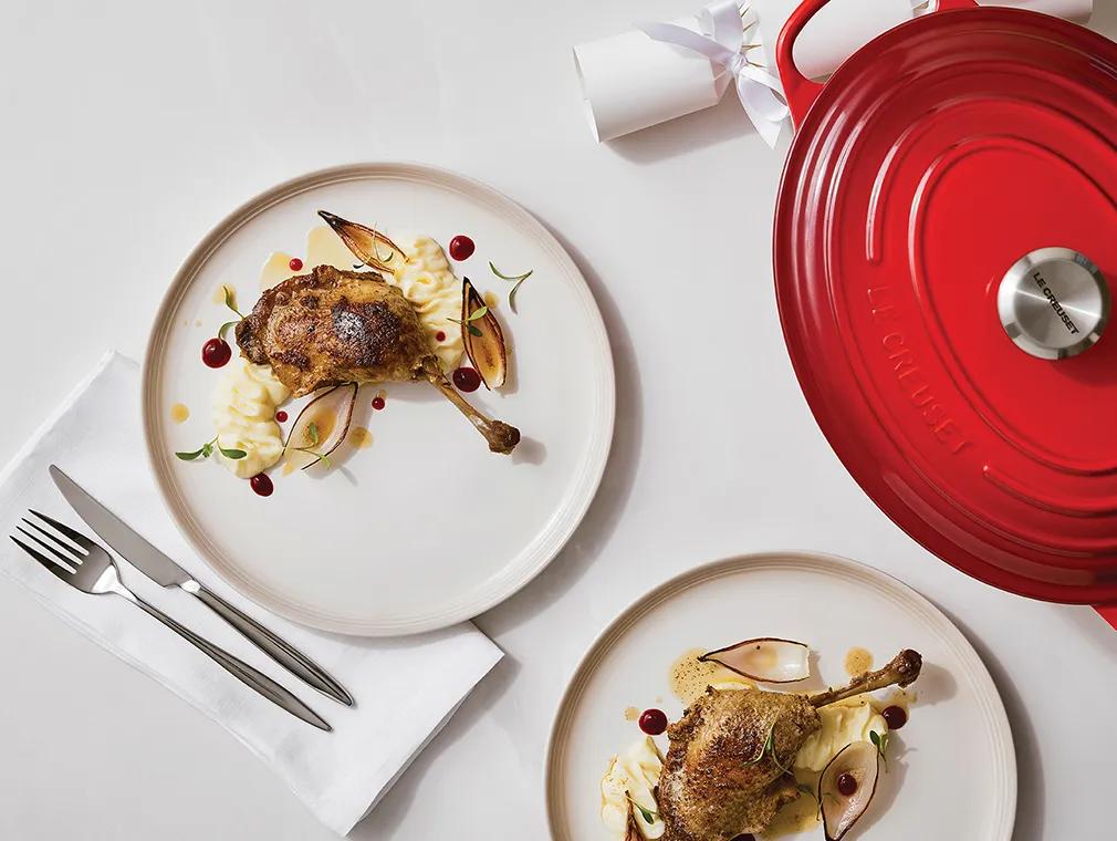 Enten-Confit mit Kartoffelpüree auf Schmorschalotten