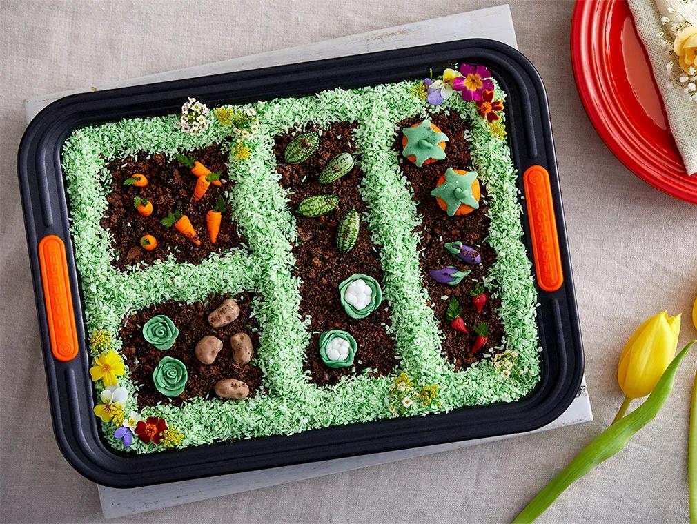 Ovomaltine-Schokoladen-Kuchen mit Gemüsebeeten